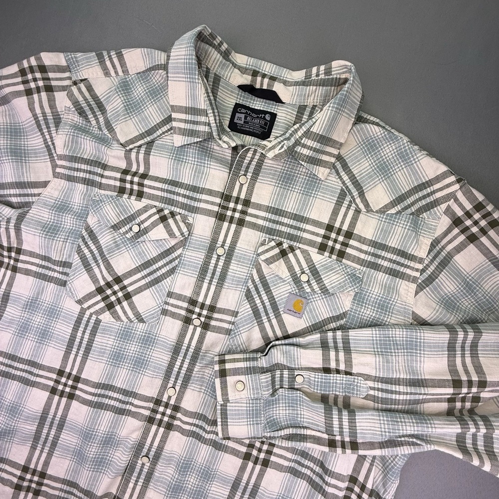 CARHARTT Men's 2XL Green Grey Plaid Relaxed Fit Pearl Snap Button Flex Shirt